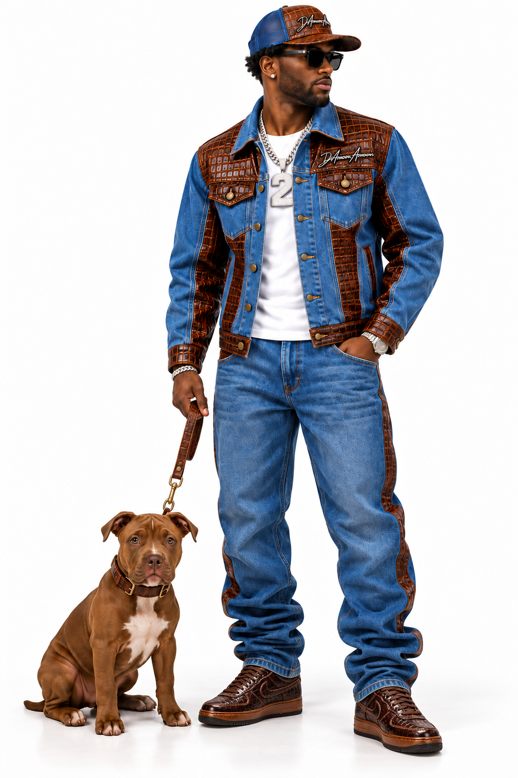 THE LEGENDARY KT-BLACK LABEL 2PC DENIM AND GATOR  JEAN SUIT  BLU/BRWN